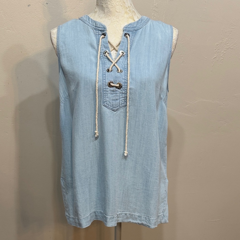 Womens Small Light Blue Denim Tencel Tank Top Sleeveless Laced Front